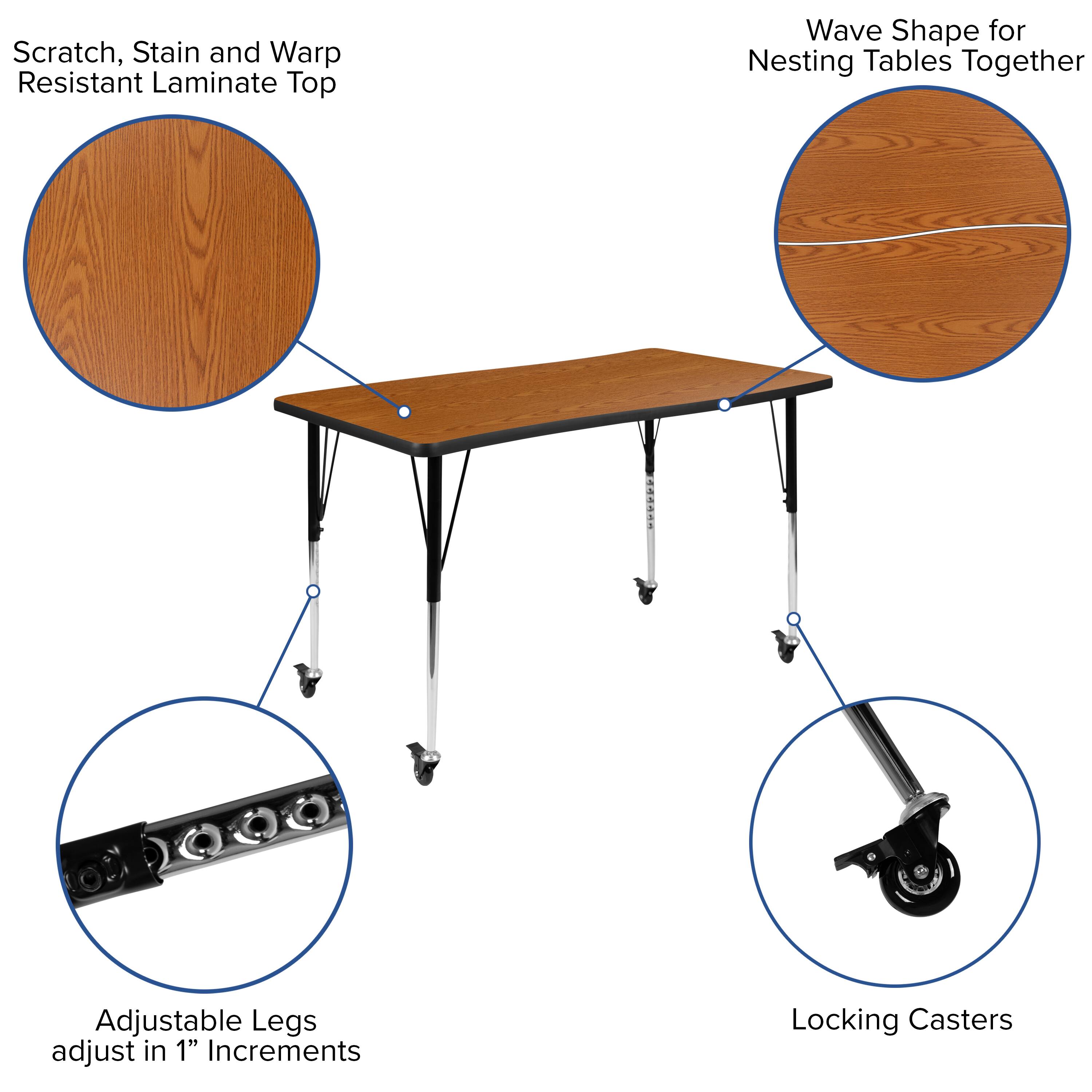 Scratch, Stain and Warp Resistant Laminate Top

Wave Shape for Nesting Tables Together

Adjustable Legs adjust in 1" Increments

Locking Casters