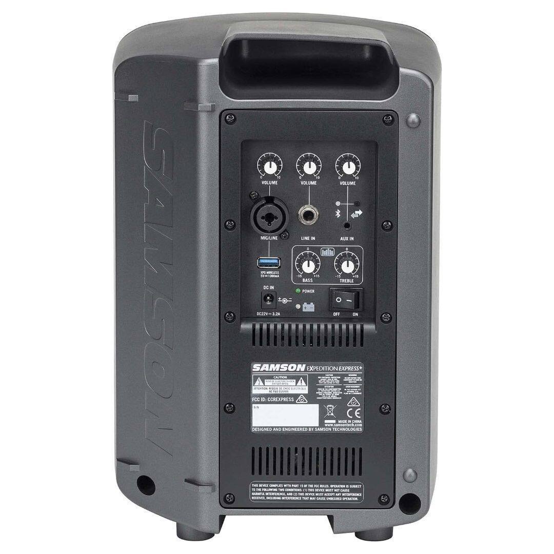 Sure, here is the corrected and grouped text from the image:

---

**Top Section:**
- VOLUME
- VOLUME
- VOLUME

**Middle Section:**
- MICLINE
- LINE IN
- AUX IN
- BASS
- TREBLE
- DC IN
- 622V = 3.2A

**Bottom Section:**
- SAMSON EXPEDITION EXPRESS+
- DESIGNED AND ENGINEERED BY SAMSON TECHNOLOGIES
- FCC ID: DCB-CR001
- CE
- MADE IN CHINA

**Additional Text:**
- POWER
- ON
- OFF
- EXPEDITION EXPRESS+
- 622V = 3.2A
- THIS DEVICE CONTAINS A BATTERY. RECYCLE IT PROPERLY.
- DO NOT DISPOSE OF IN TRASH.
- FOR RECYCLING INFORMATION, VISIT: www.epa.gov/batterycollection
- FCC WARNING: THIS DEVICE IS DESIGNED TO BE USED WITH BATTERIES. DO NOT USE ANY OTHER BATTERIES OR ADAPTERS.
- DO NOT USE ANY ADAPTERS THAT ARE NOT APPROVED BY THE MANUFACTURER.
- DO NOT USE ANY