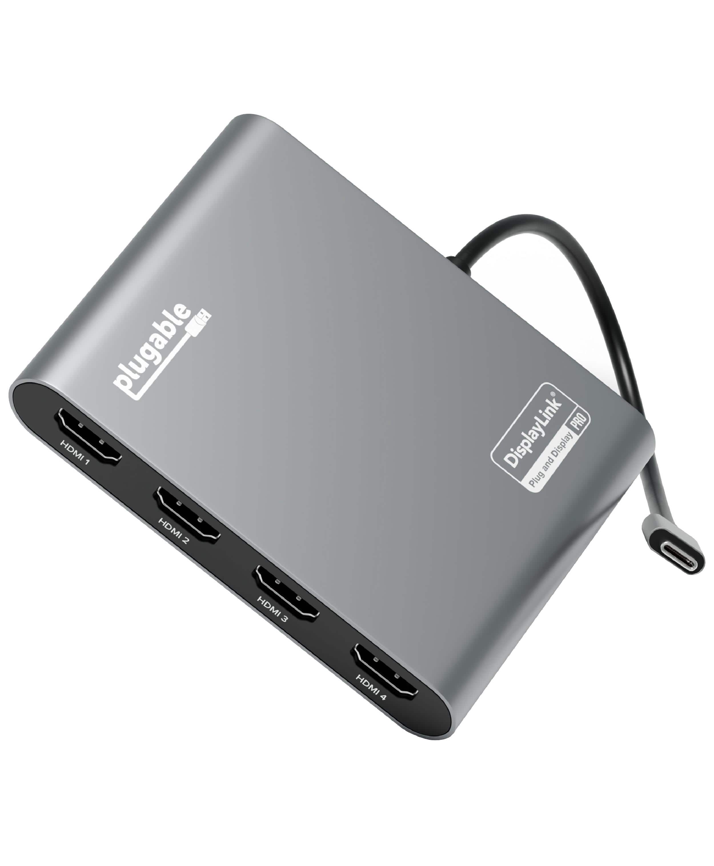 Plugable - USB C to Quad HDMI 4K Adapter with 100W Power Delivery-Windows,Mac M1/M2/M3/M4,Thunderbolt,USB-C Laptops - TAA - Space Grey