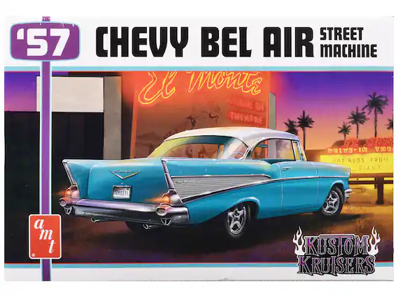 Sure, here is the corrected and grouped text from the image:
---
**'57 CHEVY BEL AIR STREET MACHINE**
**El Monte Drive-In Theatre**
**El Monte Drive-In Theatre**
**HOT RODS FROM GIANT**
**KUSTOM KRUISERS**
**a m t**
---
This text is arranged as it appears on the image, with each section separated for clarity.