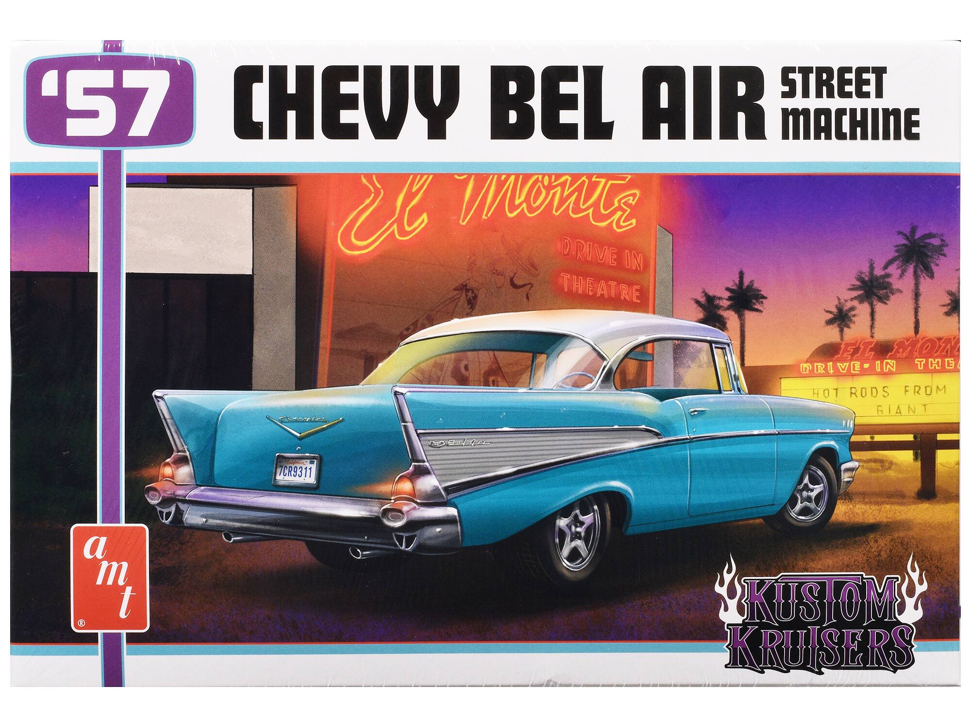 Sure, here is the corrected and grouped text from the image:

---

**'57 CHEVY BEL AIR STREET MACHINE**

**El Monte Drive-In Theatre**

**El Monte Drive-In Theatre**

**HOT RODS FROM GIANT**

**KUSTOM KRUISERS**

**a m t**

---

This text is arranged as it appears on the image, with each section separated for clarity.