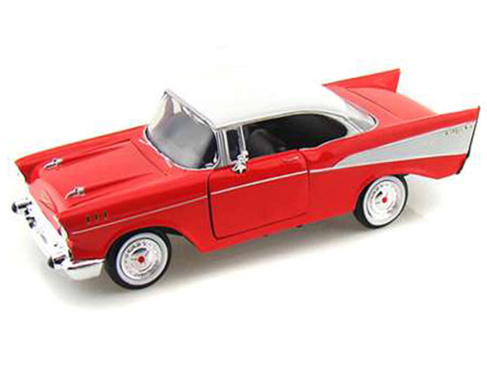 Alt View 1. Motormax - 1957 Chevrolet Bel Air Red with White Top 1/24 Diecast Model Car by Motormax.