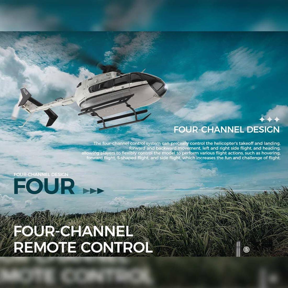 FOUR-CHANNEL DESIGN

The four-channel control system can precisely control the helicopter's takeoff and landing, forward and backward movement, left and right side flight, and heading, allowing players to flexibly control the model to perform various flight actions, such as hovering, forward flight, S-shaped flight, and side flight, which increases the fun and challenge of flight.

FOUR-CHANNEL DESIGN

FOUR-CHANNEL REMOTE CONTROL