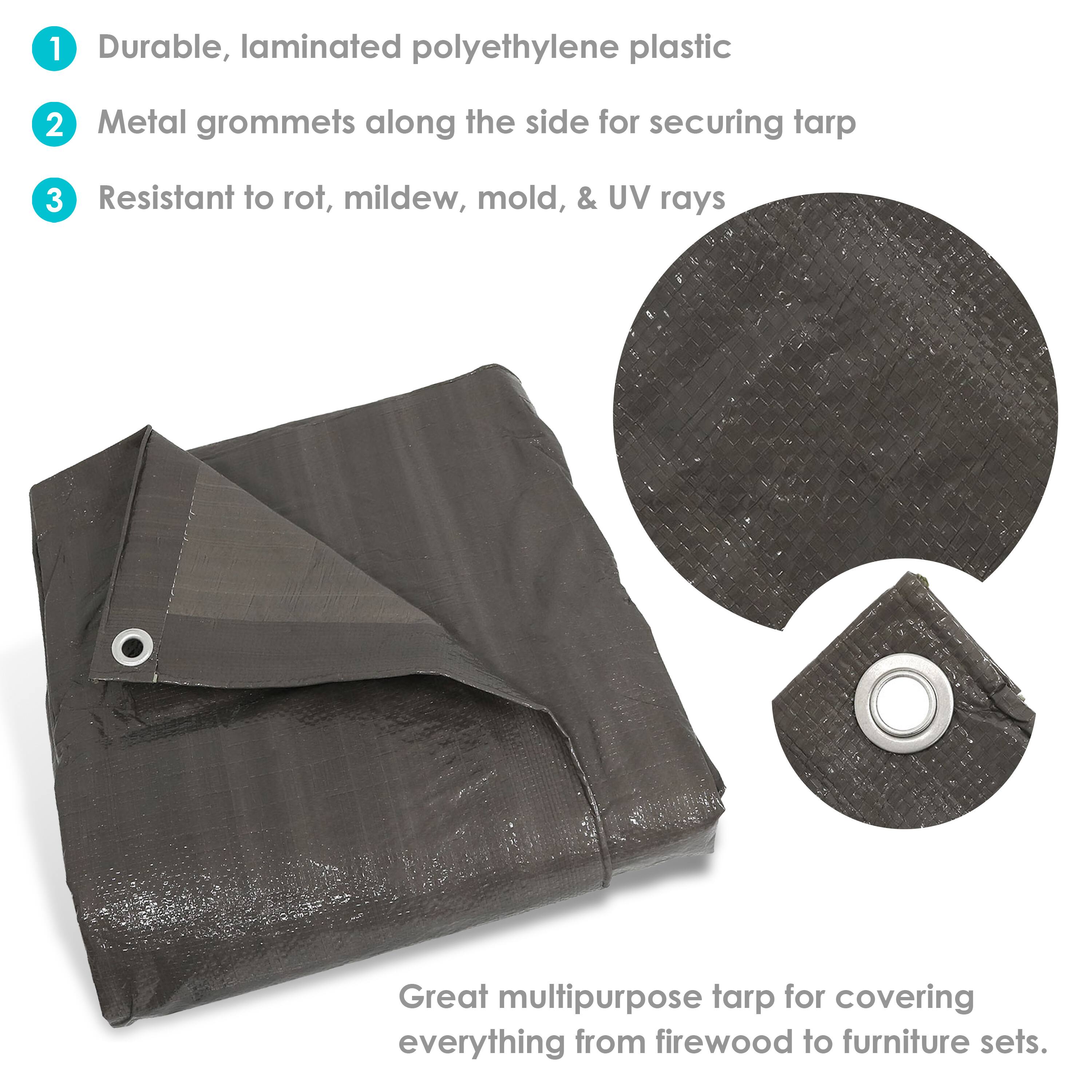 1. Durable, laminated polyethylene plastic  
2. Metal grommets along the side for securing tarp  
3. Resistant to rot, mildew, mold, & UV rays  

Great multipurpose tarp for covering everything from firewood to furniture sets.