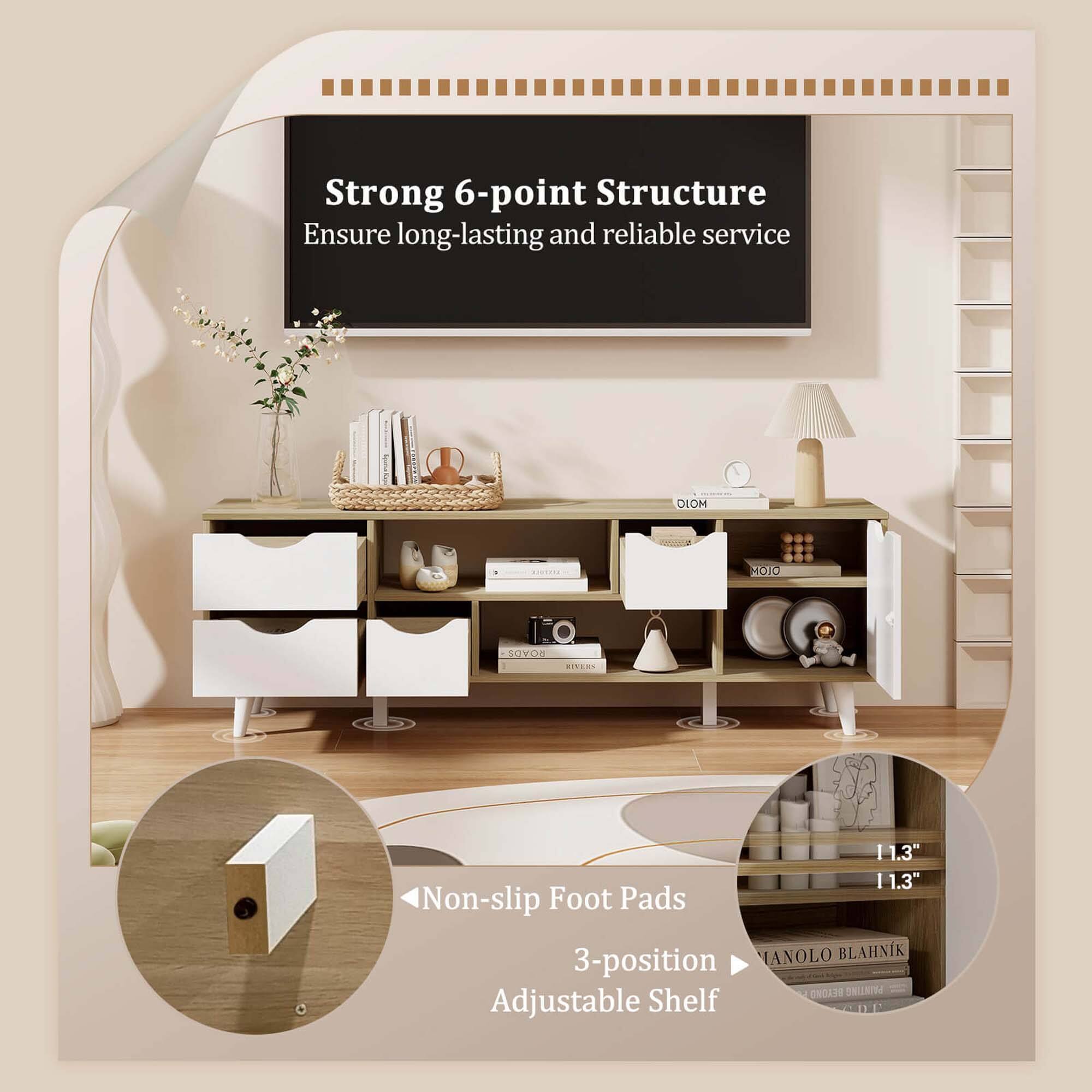 The text on the image is grouped and corrected as follows:

"Strong 6-point Structure Ensure long-lasting and reliable service."

"Non-slip Foot Pads"

"3-position Adjustable Shelf"