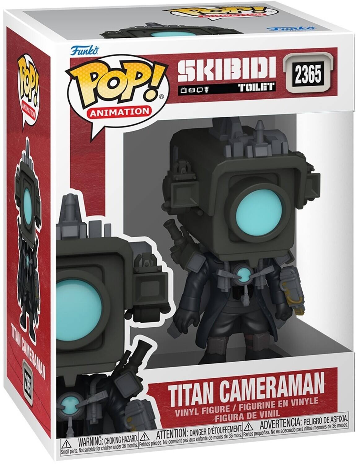 Funko POP! Animation  
SKIBIDI 2365  
TOILET  
TITAN CAMERAMAN  
VINYL FIGURE / FIGURINE EN VINYLE / FIGURA DE VINIL  

WARNING: CHOKING HAZARD  
ATTENTION: DANGER D'ÉTOUFFEMENT  
ADVERTENCIA: PELIGRO DE ASFIXIA  
Ne convient pas aux enfants de moins de 36 mois  
Not suitable for children under 36 months