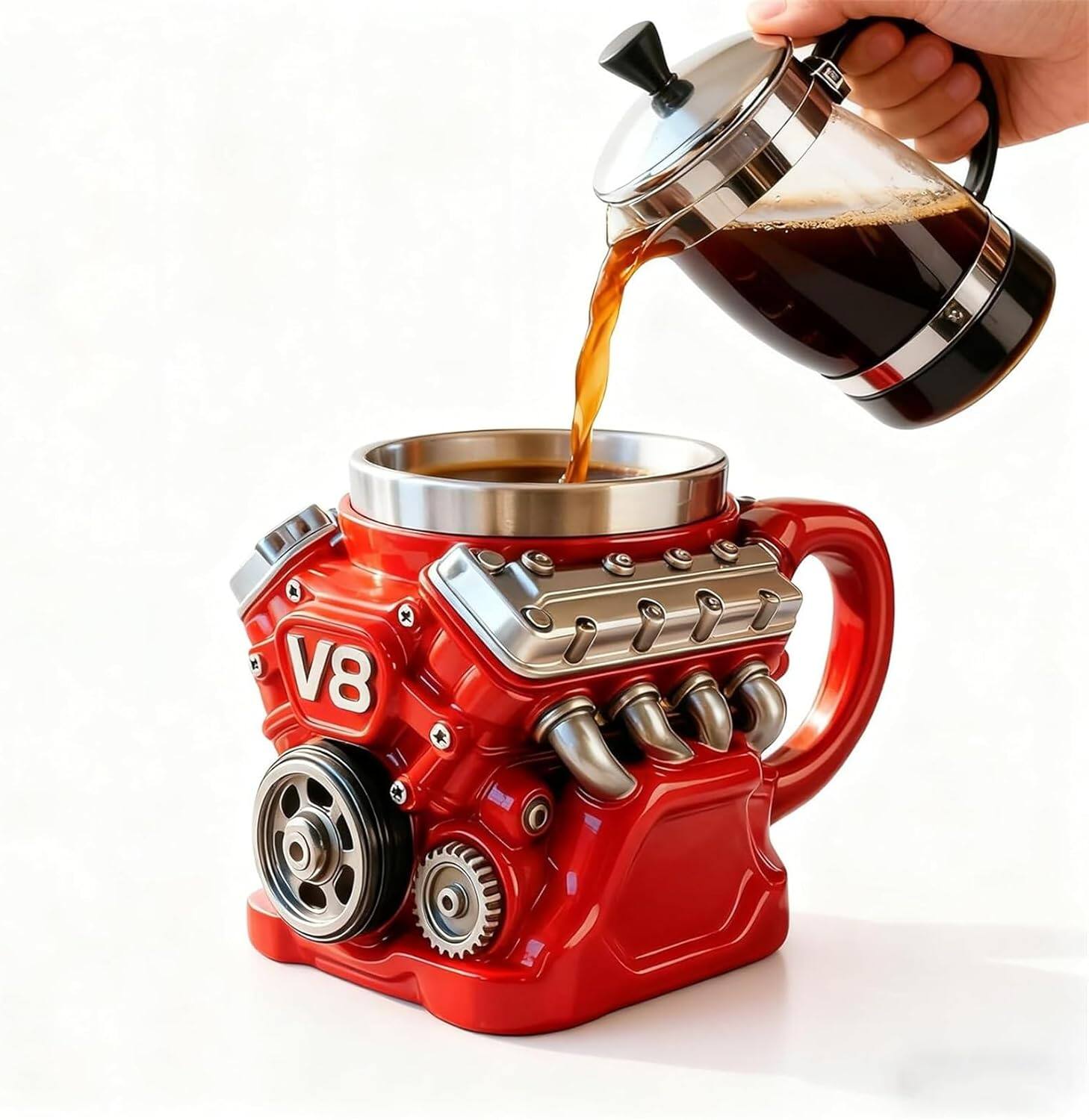 Left. Giantpower - V8 Engine Coffee Mug, Car Engine Themed Coffee Mug with spoon, for Car Lovers Gifts - Red.