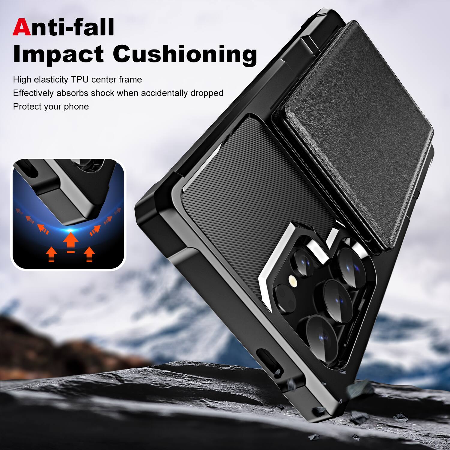 Anti-fall Impact Cushioning

High elasticity TPU center frame
Effectively absorbs shock when accidentally dropped
Protect your phone
