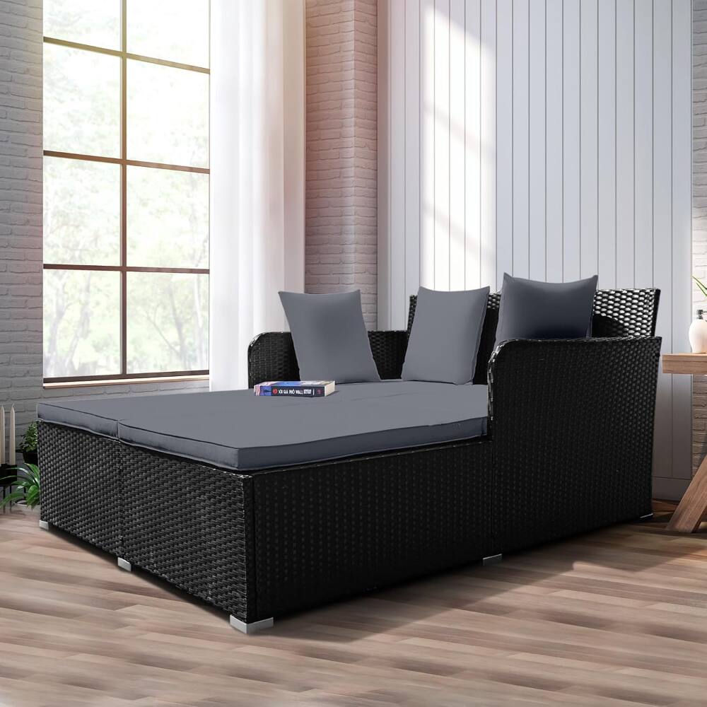 Back. SlickBlue - Spacious Rattan Daybed with Soft Cushions and Pillows for Outdoor Relaxation - Grey.