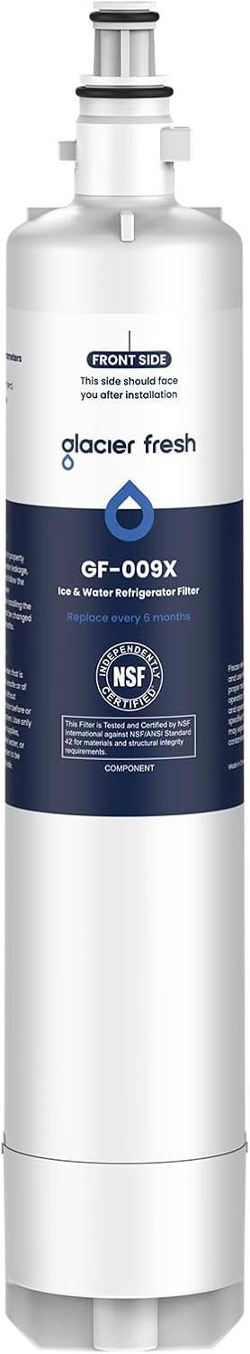 FRONT SIDE  
This side should face you after installation  

glacier fresh  

GF-009X  
Ice & Water Refrigerator Filter  
Replace every 6 months  

INDEPENDENTLY NSF CERTIFIED  
This Filter is Tested and Certified by NSF International against NSF/ANSI Standard 42 for materials and structural integrity  

COMPONENT