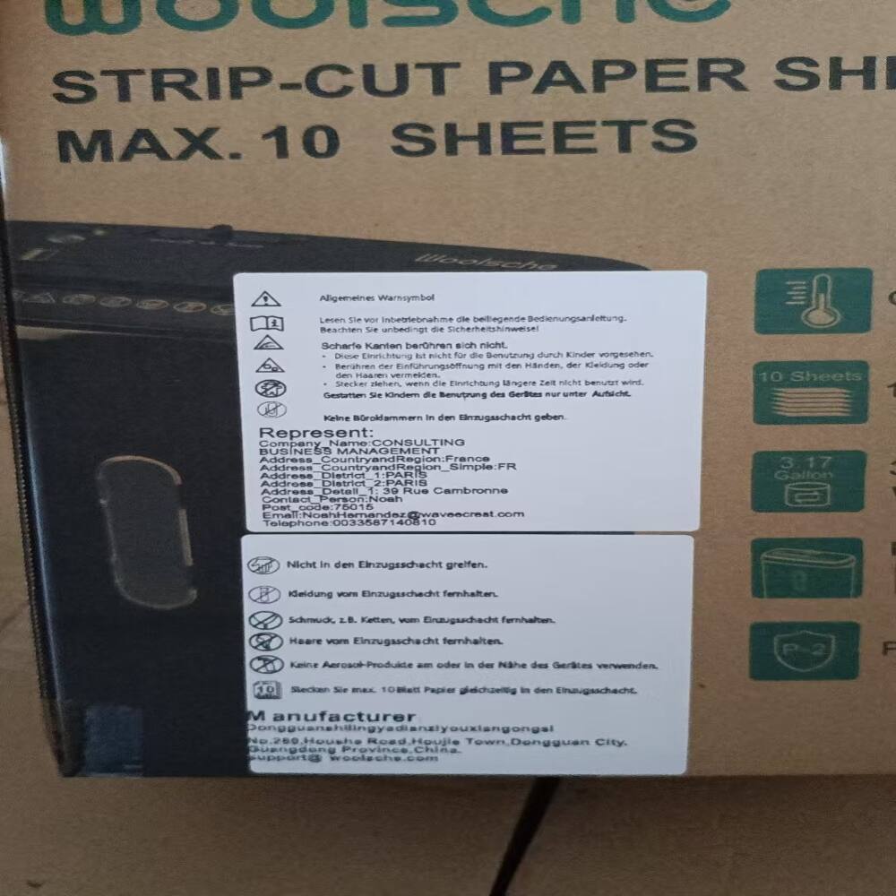WOOLSCHE
STRIP-CUT PAPER SHEETS
MAX. 10 SHEETS

Algemenes Warnsymbol
Lesen Sie vor der Bedienung die folgende Bedienungsanleitung.
Beachten Sie unbedingt die Sicherheitshinweise!
Scharfe Kanten berühren sich nicht.
Diese Einrichtung ist nicht für die Benutzung durch Kinder vorgesehen.
Gestatten Sie Kindern die Benutzung nur unter Aufsicht.
CE

Represent:
Company Name: CONSULTINO BUSINESS MANAGEMENT
Address Country and Region: France
Address District: 2.PARIS
Address Simple: FR
Address District: PARIS
Address Detail: 30 Rue Cambronne
Contact Person: Noah
Post Code: 75015
Telephone: 0033587140810
Email: noah@wavas.com

Nicht in den Einzugsschacht greifen.
Keidung vom Einzugsschacht fernhalten.
Schmuck, L.B. Ketten vom Einzugsschacht fernhalten.
Haare vom Einzugsschacht fernhalten.
Keine Aerosol-Produkte am Ein