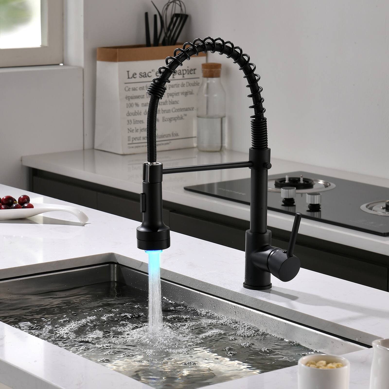 APRILSOUL - Led Commercial Kitchen Faucet With Pull Down Sprayer Single Handle Single Lever Kitchen Sink Faucet - Black