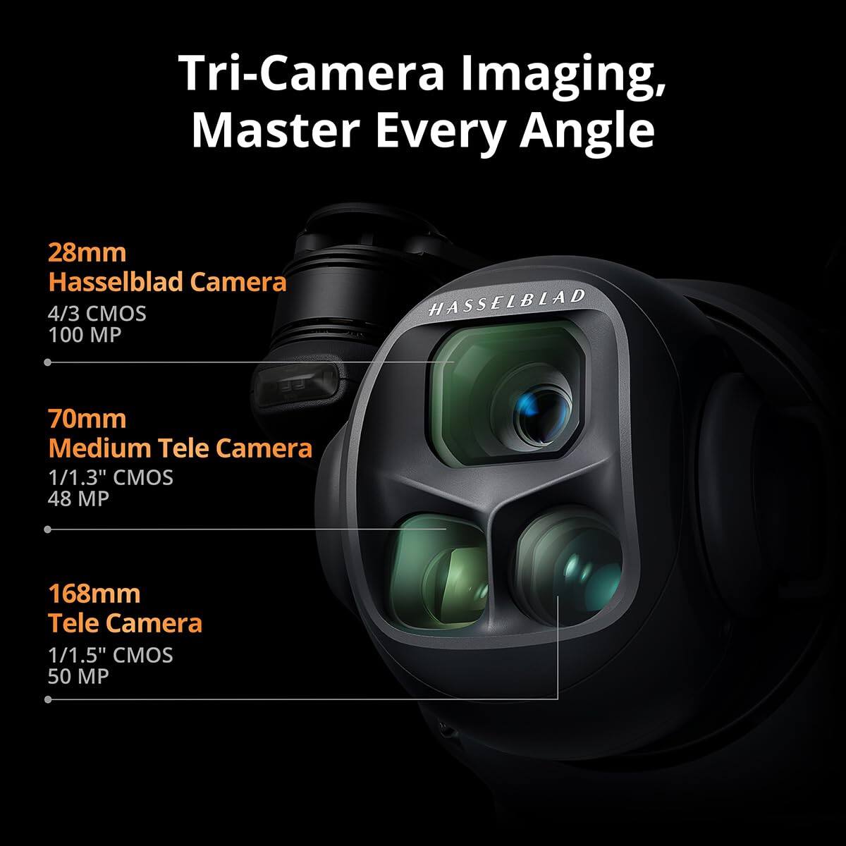 Tri-Camera Imaging, Master Every Angle

28mm Hasselblad Camera  
4/3 CMOS 100 MP

70mm Medium Tele Camera  
1/1.3" CMOS 48 MP

168mm Tele Camera  
1/1.5" CMOS 50 MP