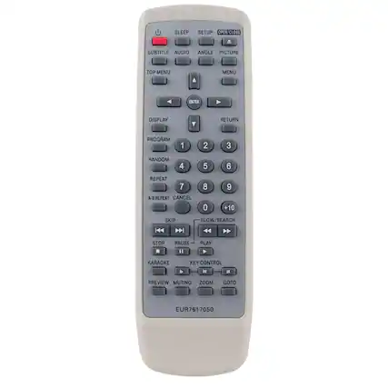 SLEEP SETUP OPEN/CLOSE SUBTITLE AUDIO ANGLE PICTURE TOP MENU MENU ENTER DISPLAY Y RETURN PROGRAM 1 2 3 RANDOM 4 5 6 REPEAT 7 A-B REPEAT CANCEL 8 0 9 +10 SKIP SLOW/SEARCH STOP PAUSE PLAY 11 KARAOKE KEY CONTROL SE PREVIEW MUTING ZOOM GOTO EUR761 7050