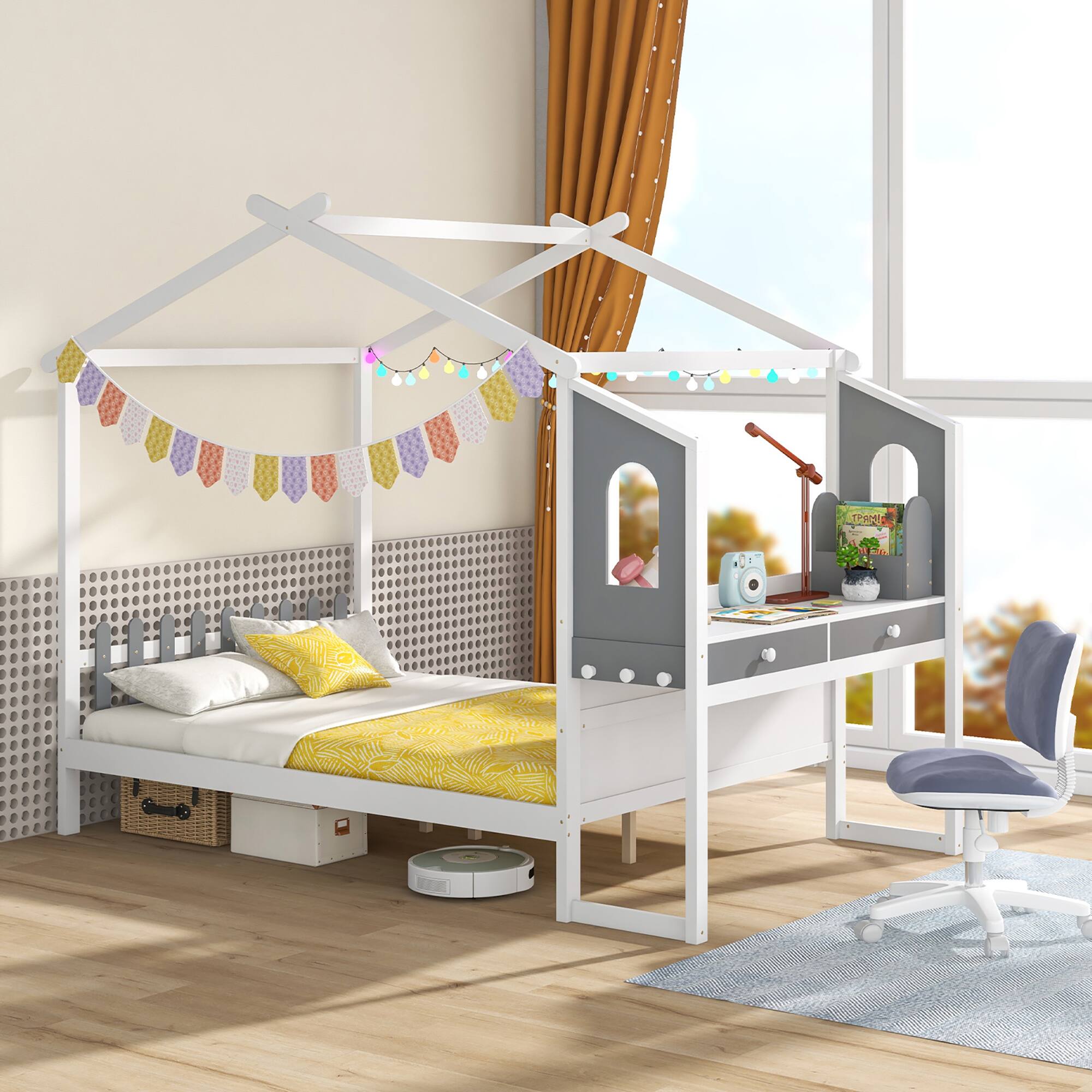 Alt View 1. Gymax - Gymax Full Size Kids House Bed w/ Study Desk & Removable Box Drawers Hanging Hooks - White, Gray.