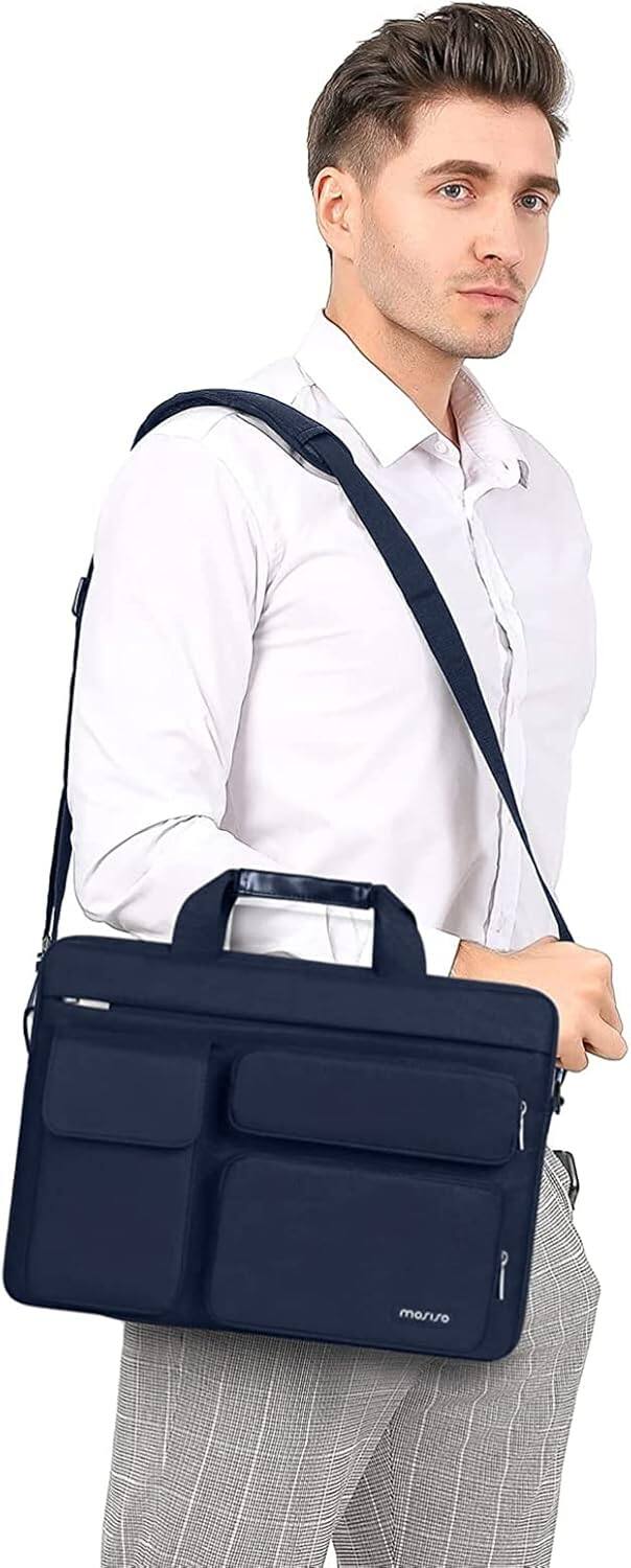 Angle. mosiso - Laptop Shoulder Messenger Bag 15–16 inch - Padded Protective Compartment, Front Utility Pockets, Adjustable Strap - Navy Blue.