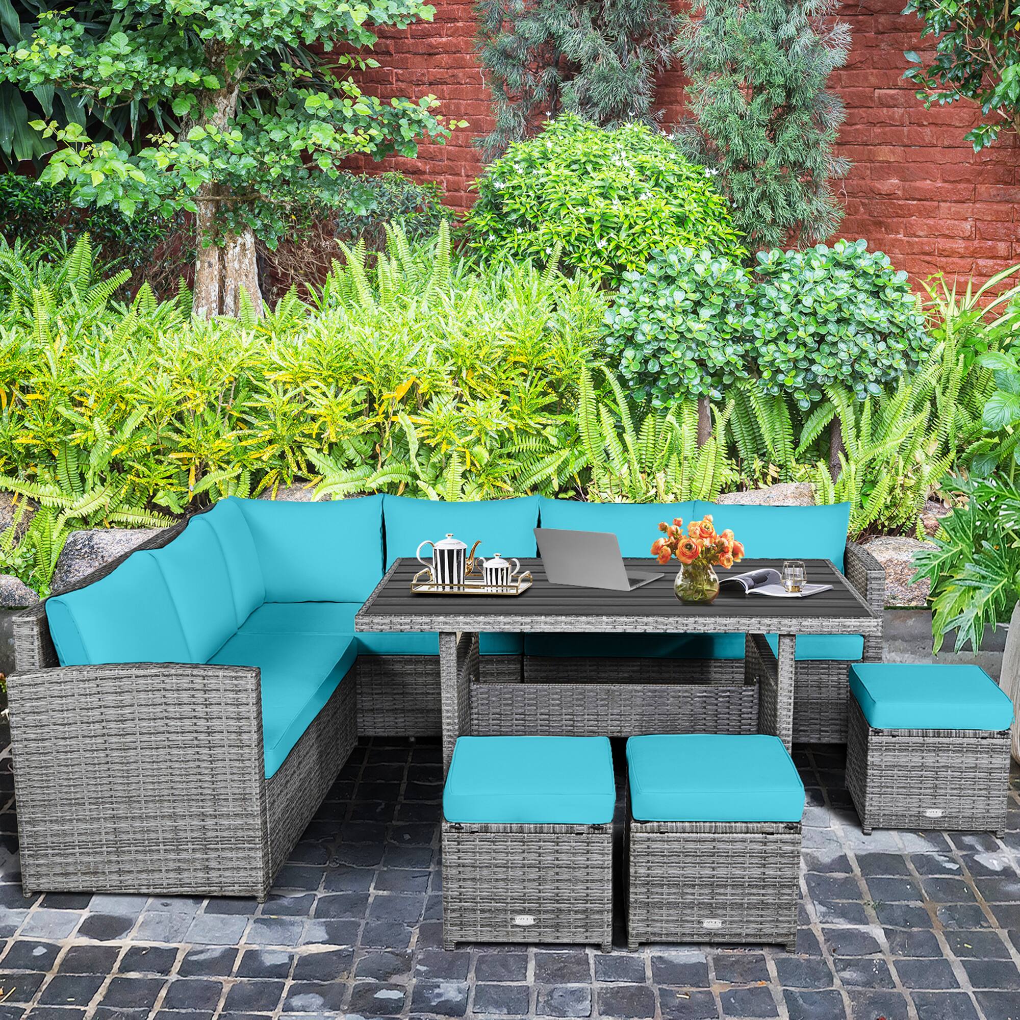 Alt View 2. Gymax - Gymax 7PCS Rattan Patio Sectional Sofa Set Conversation Set w/ Turquoise Cushions - Turquoise.
