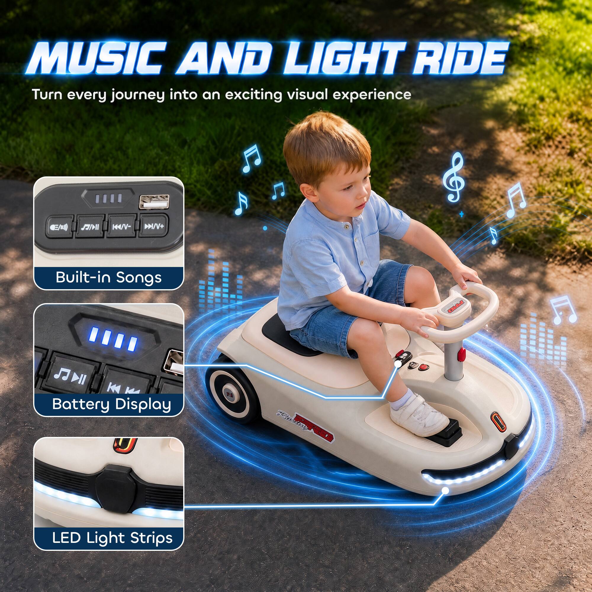 MUSIC AND LIGHT RIDE  
Turn every journey into an exciting visual experience

- Built-in Songs
- Battery Display
- LED Light Strips