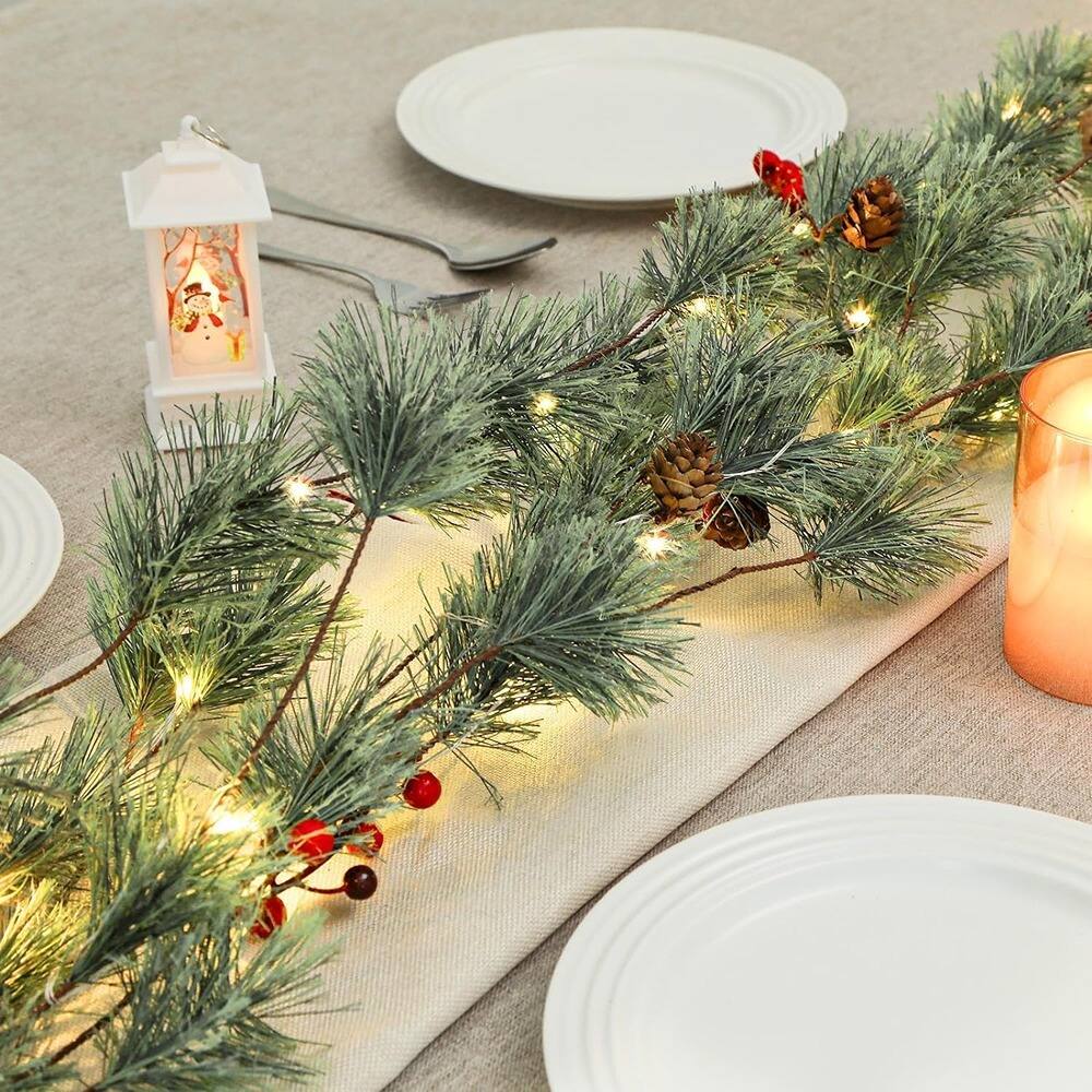 Front. PARKER SLATER - 2pack 6ft Pre-Lit Christmas Greenery Garlands with Multi-Color Lights, Battery - Green.