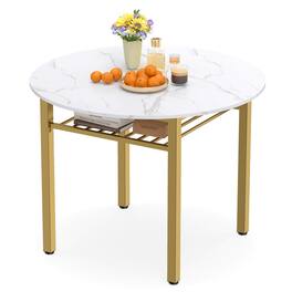 Costway - Dining Table for 2-4 People,40" Round Kitchen Table with Storage Shelf&Metal Frame - White + Gold