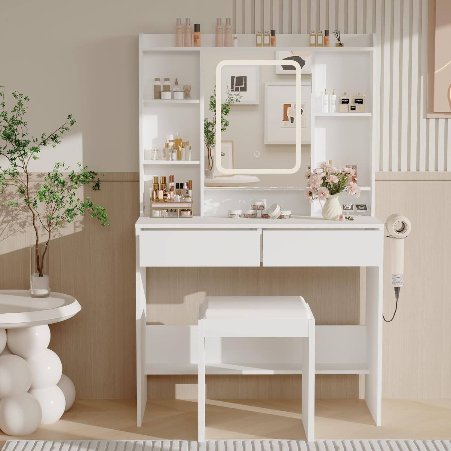 Alt View 7. GARVEE - Vanity Desk with Mirror and Lights, for Bedroom,Includes Padded Stool, Easy to Assemble, Storage Drawers, USB Outlets - white.