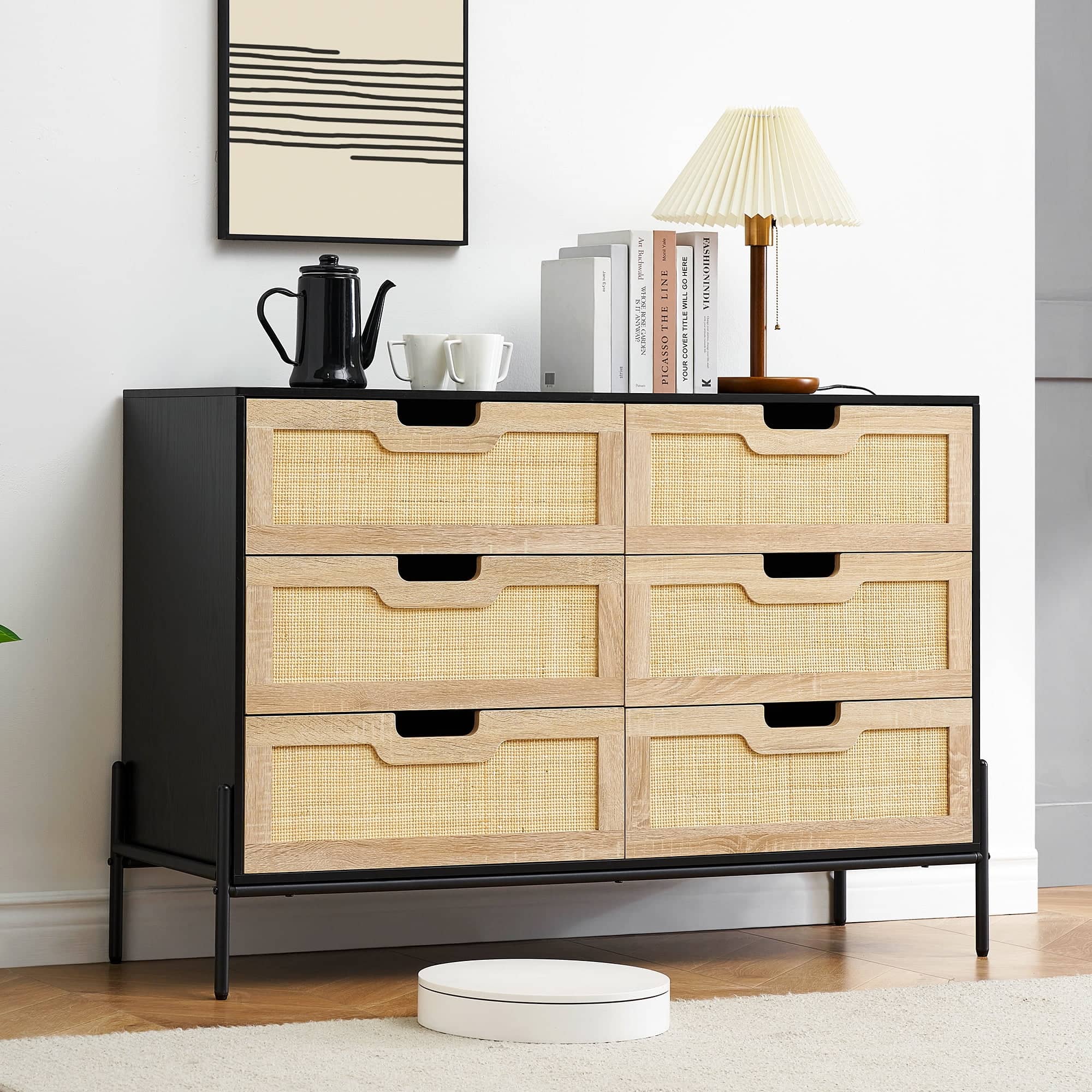 Babevy - Storage Cabinet Storage Cabinet 6 Drawer Chest with Wicker Pattern for Living Room, Hallway, Entryway - Black