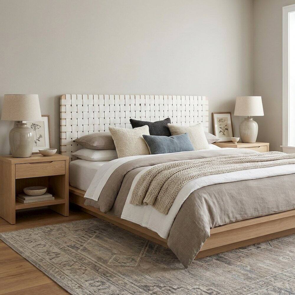 Left. FurniFact - Vegan Leather King Headboard Wall-Mount with DurableTexture and Modern Design - Beige.