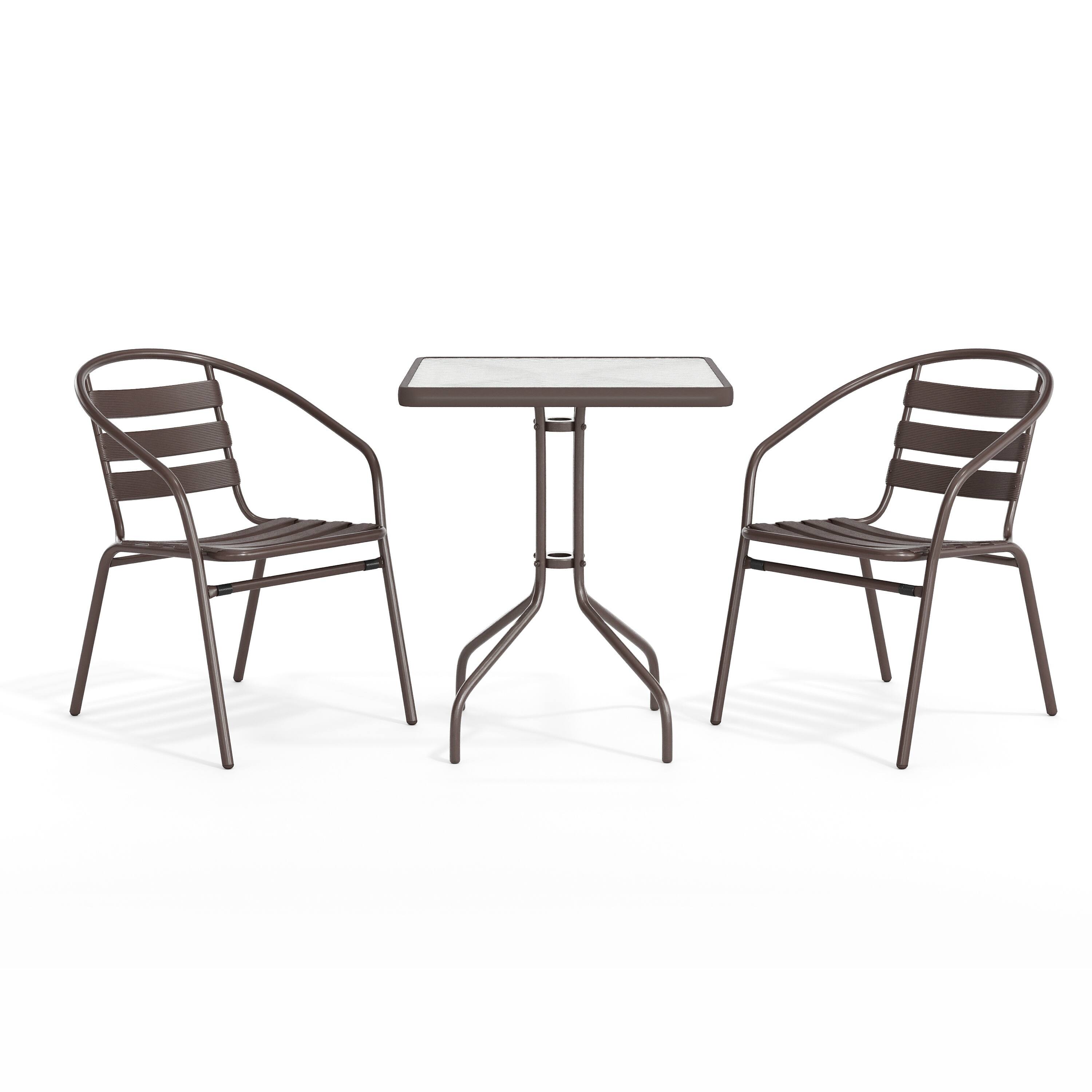 Angle. Flash Furniture - Lila 23.5'' Square Glass Top Metal Table with 2 Bronze Aluminum Slat Stack Chairs - Brown.