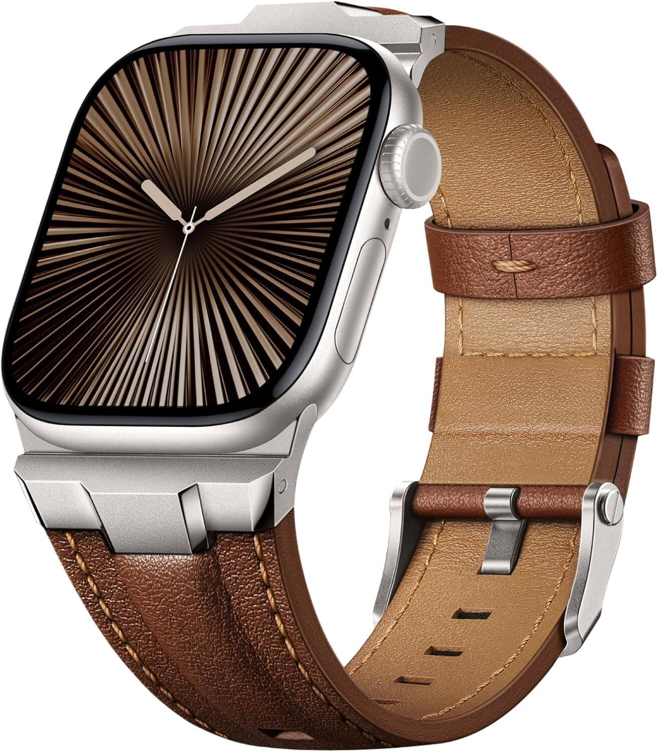 Front. Core Tech - Genuine Leather Band for Apple Watch 38/40/41/42mm (Series 10/11), Adjustable - Titanium/Classic Chestnut Brown.