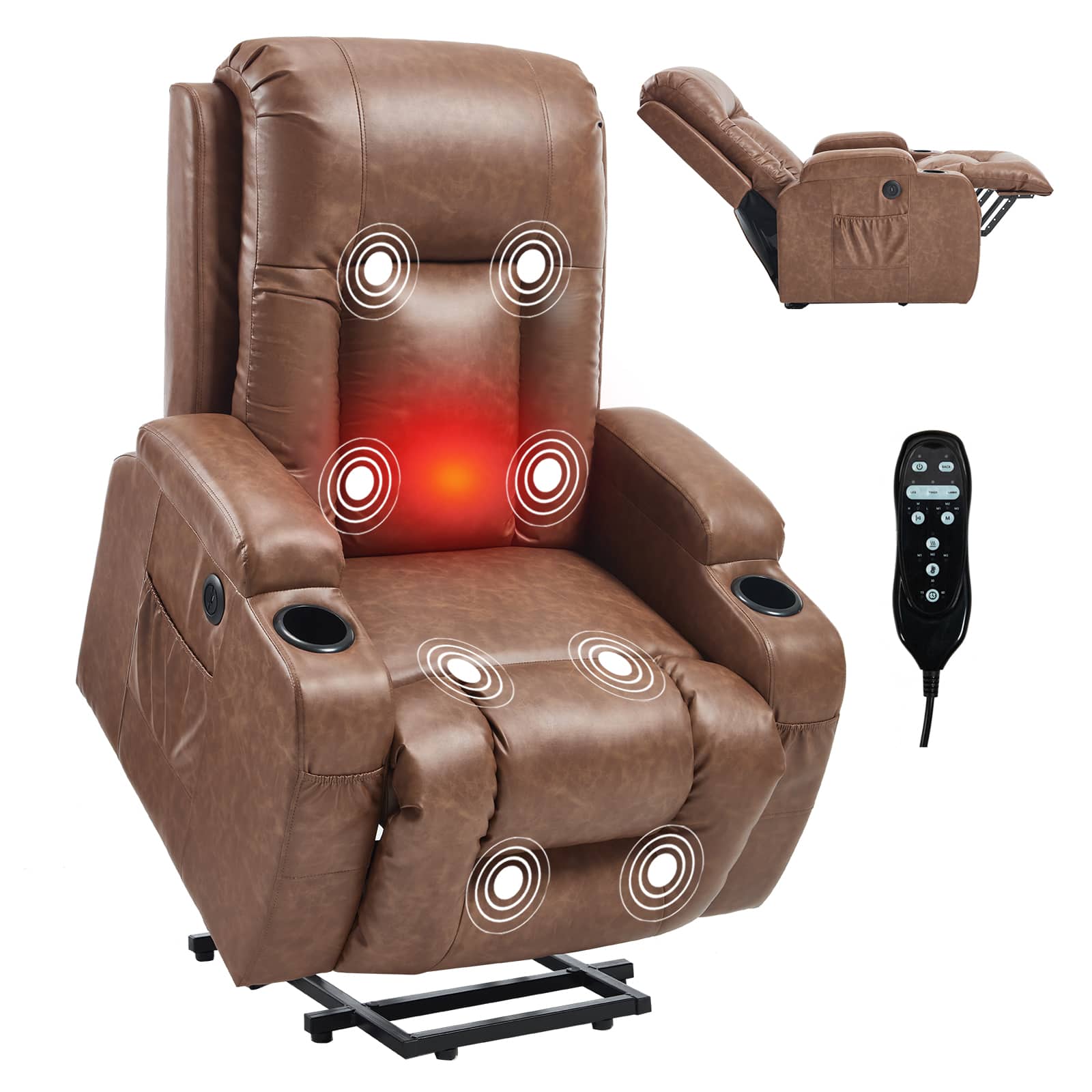 Akoasm - PU Leather Power Lift Recliner Massage Chair with 8-Point Vibration and Lumbar Heating, USB Charging Port - Brown