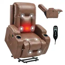 Akoasm - PU Leather Power Lift Recliner Massage Chair with 8-Point Vibration and Lumbar Heating, USB Charging Port - Brown