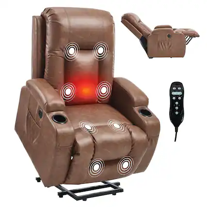 Front. Akoasm - PU Leather Power Lift Recliner Massage Chair with 8-Point Vibration and Lumbar Heating, USB Charging Port-Brown - Brown.