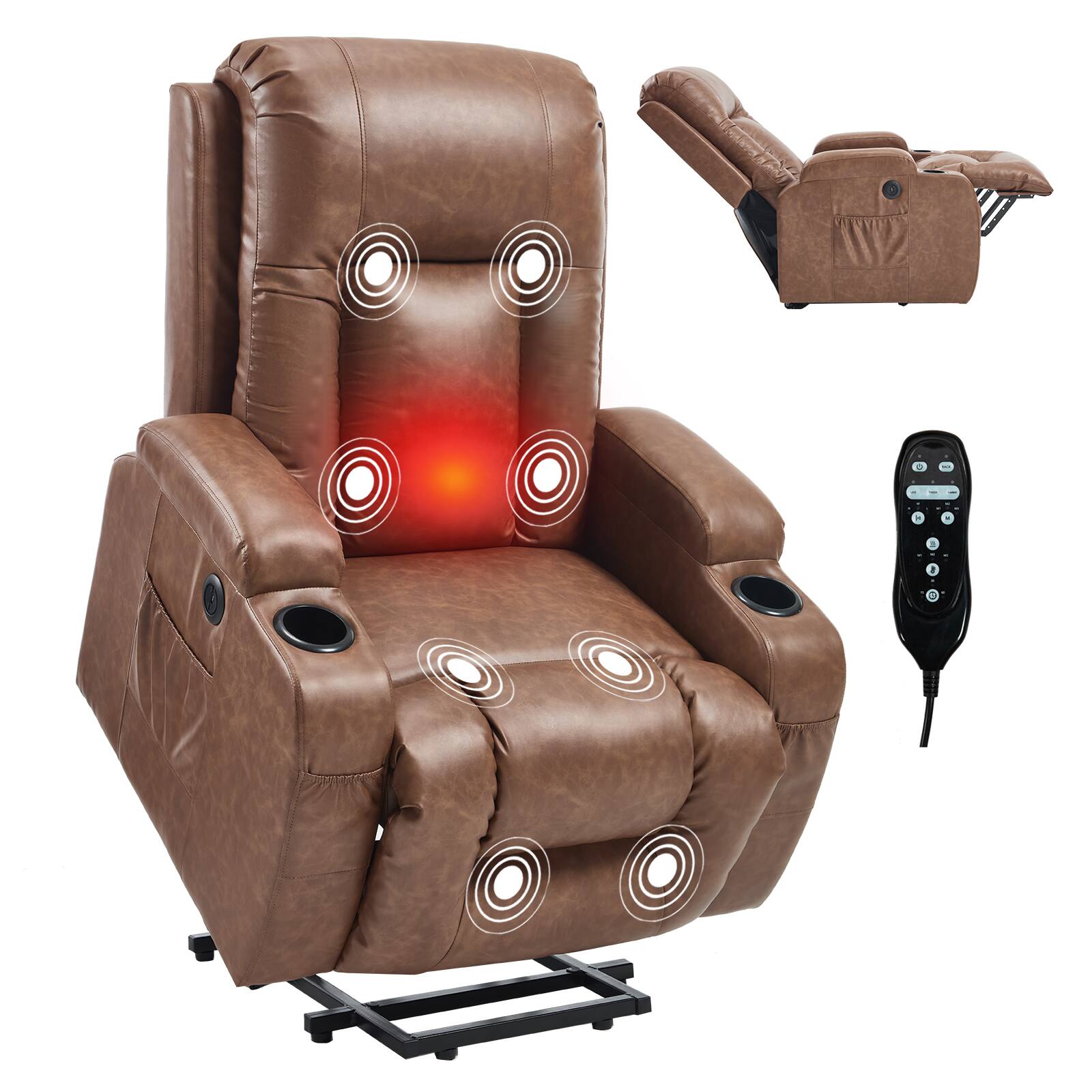 Alt View 7. LUCKY ONE - PU Single Motor Power Lift Recliner Chair with Massage and Heat, Infinite Position, USB, Cup Holder - Yellow Brown.