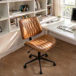 Brick Attic - Armless Leather Office Chair with Wooden Backrest & U-Shaped Seat,Ergonomic Walnut Bentwood chair Adjustable Height - Camel