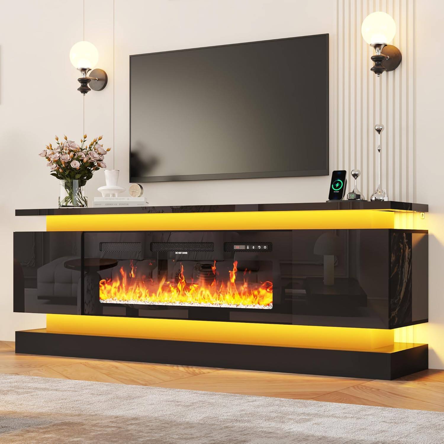 Angle. Espafurni - 71" TV Stand w/40" Fireplace & Outlet, High Gloss, 2 Cabinets & Dual LED Lights – Fits 75-85" TV - Black.