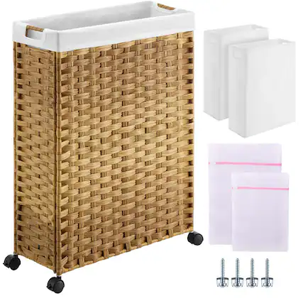 Front. JETRANSPORT - Laundry Hamper With Wheels 17.4 Gallon (66l) Slim Basket 2 Removable Liner Bags & 2 Mesh Narrow Rattan - Natural 66L (19...6 inches).