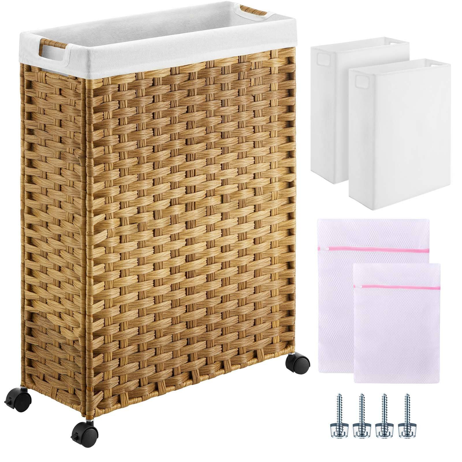 Front. JETRANSPORT - Laundry Hamper With Wheels 17.4 Gallon (66l) Slim Basket 2 Removable Liner Bags & 2 Mesh Narrow Rattan - Natural 66L (19...6 inches).