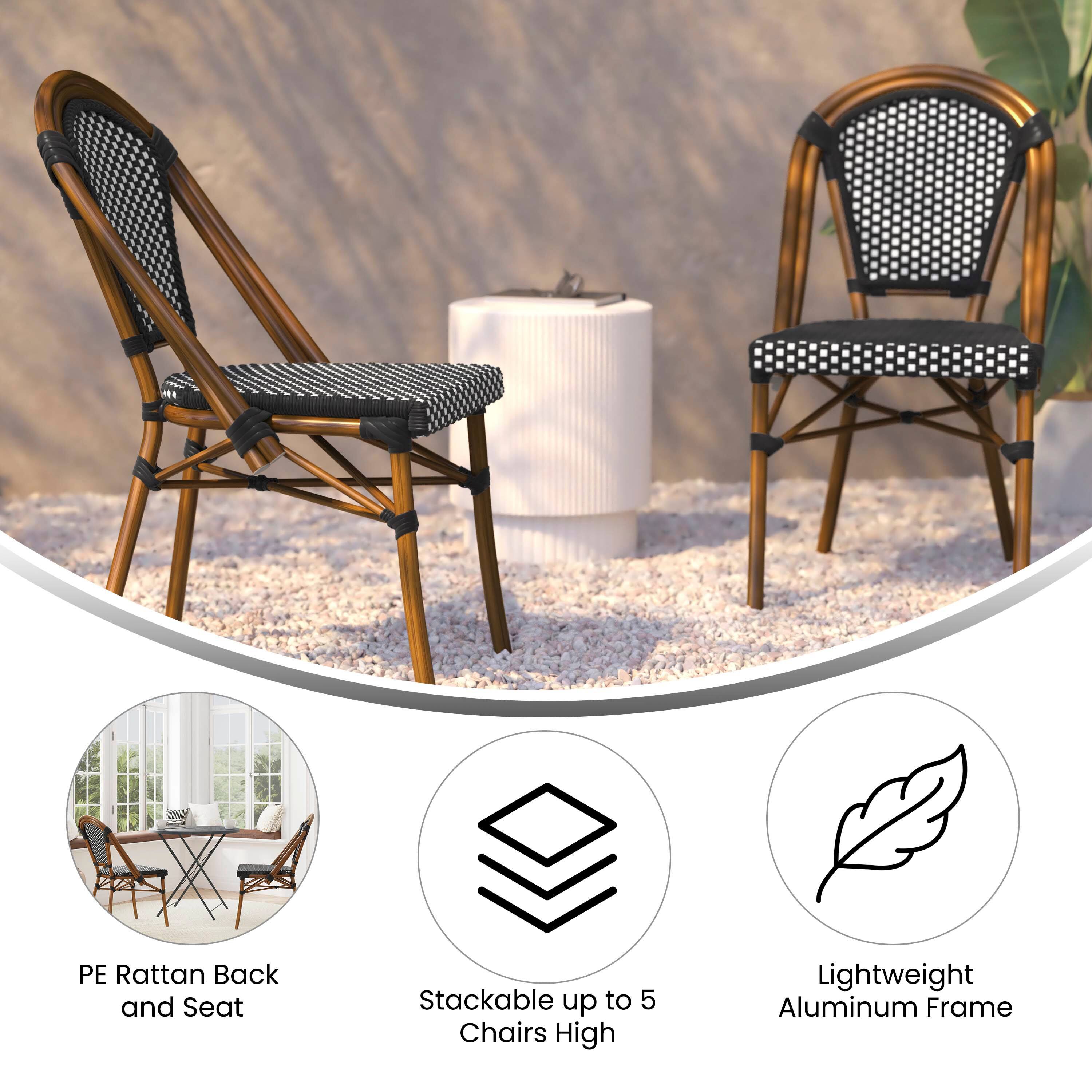 PE Rattan Back and Seat  
Stackable up to 5 Chairs High  
Lightweight Aluminum Frame