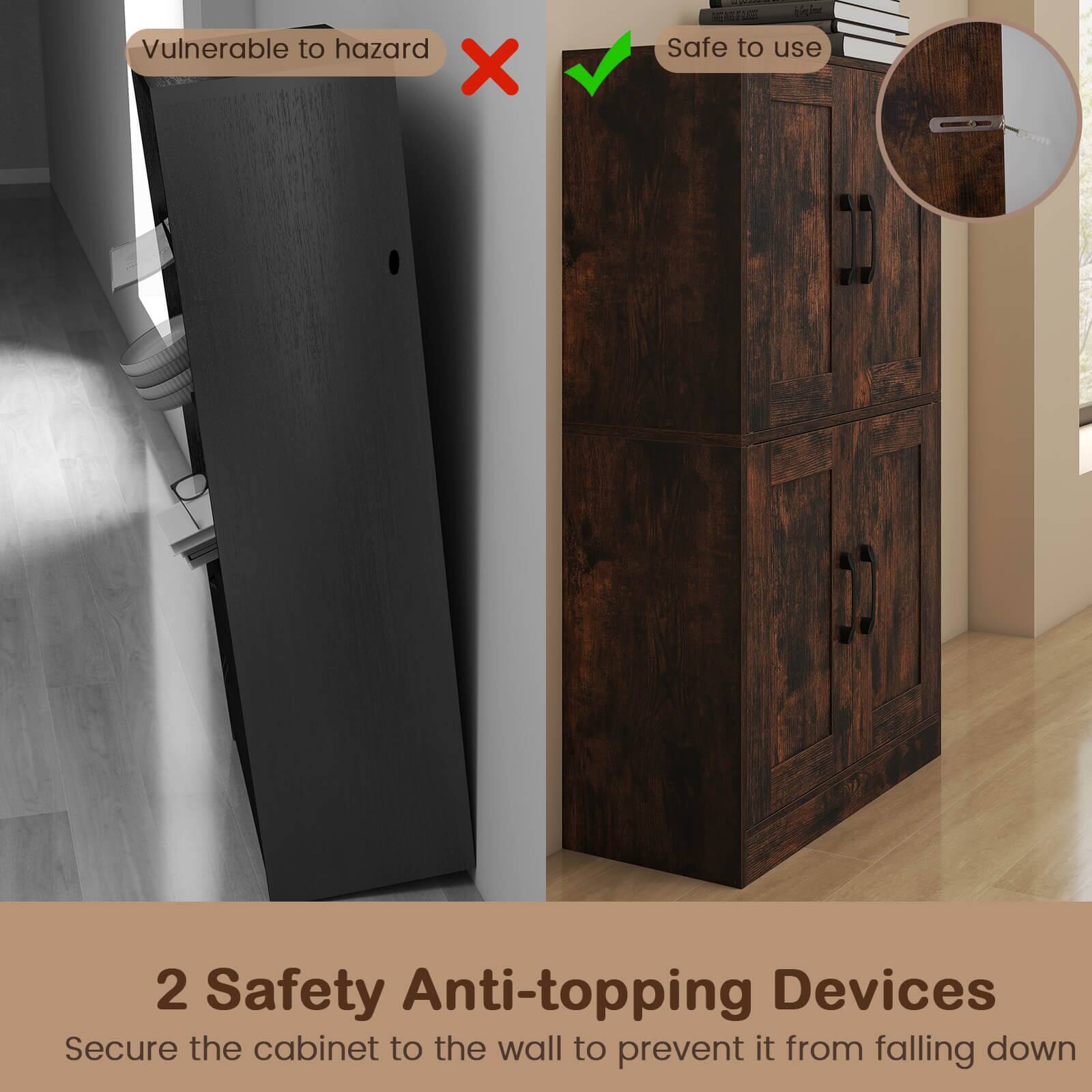 2 Safety Anti-topping Devices  
Secure the cabinet to the wall to prevent it from falling down  

Vulnerable to hazard  
Safe to use