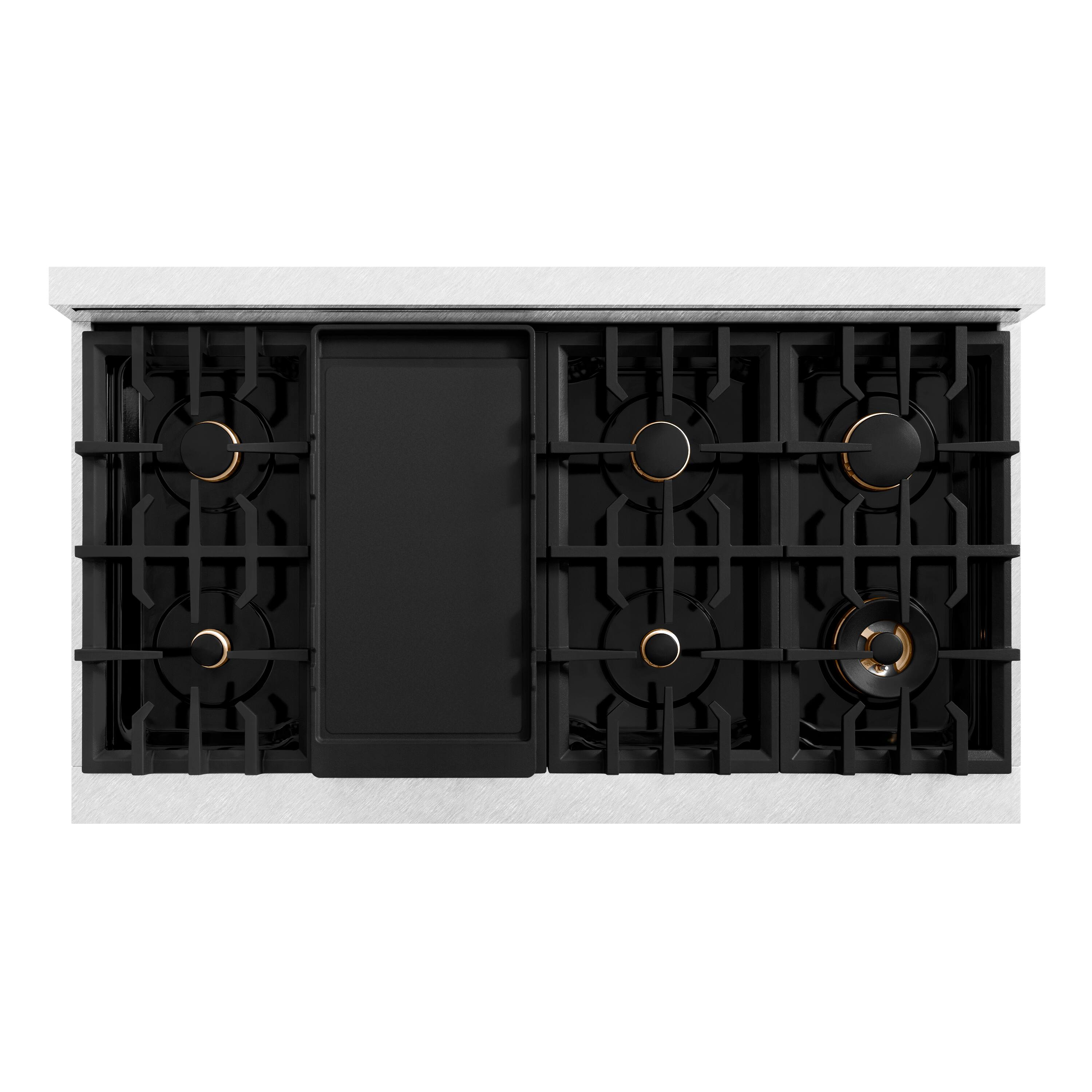 Angle. ZLINE - ZLINE Autograph 48 in. Slide-In Classic Rangetop w/ 8 Burners in Satin Stainless Steel & Bronze Accents - Satin Stainless Steel.