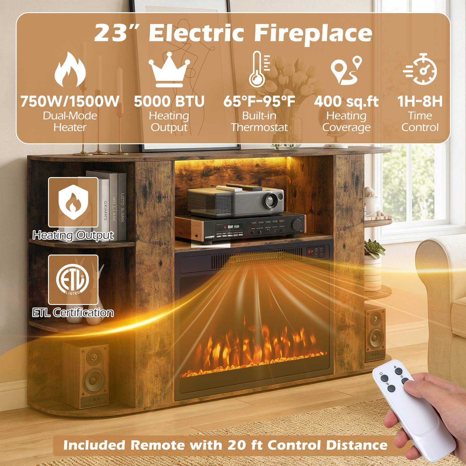 23" Electric Fireplace

750W/1500W Dual-Mode Heater
5000 BTU Heating Output
65°F-95°F Built-in Thermostat
400 sq.ft Heating Coverage
1H-8H Time Control

WILLIAM LOTO GRIMM'S AM BLANK Heating Output

ETL Certification

Included Remote with 20 ft Control Distance