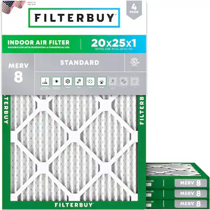 MADE IN THE USA
4 PACK FILTERBUY INDOOR AIR FILTER
SUITABLE FOR BOTH RESIDENTIAL & COMMERCIAL USE
20x25x1 ACTUAL SIZE: 19-1/2 x 24-1/2 x 3/4
MERV 8
STANDARD
FILTERBUY
