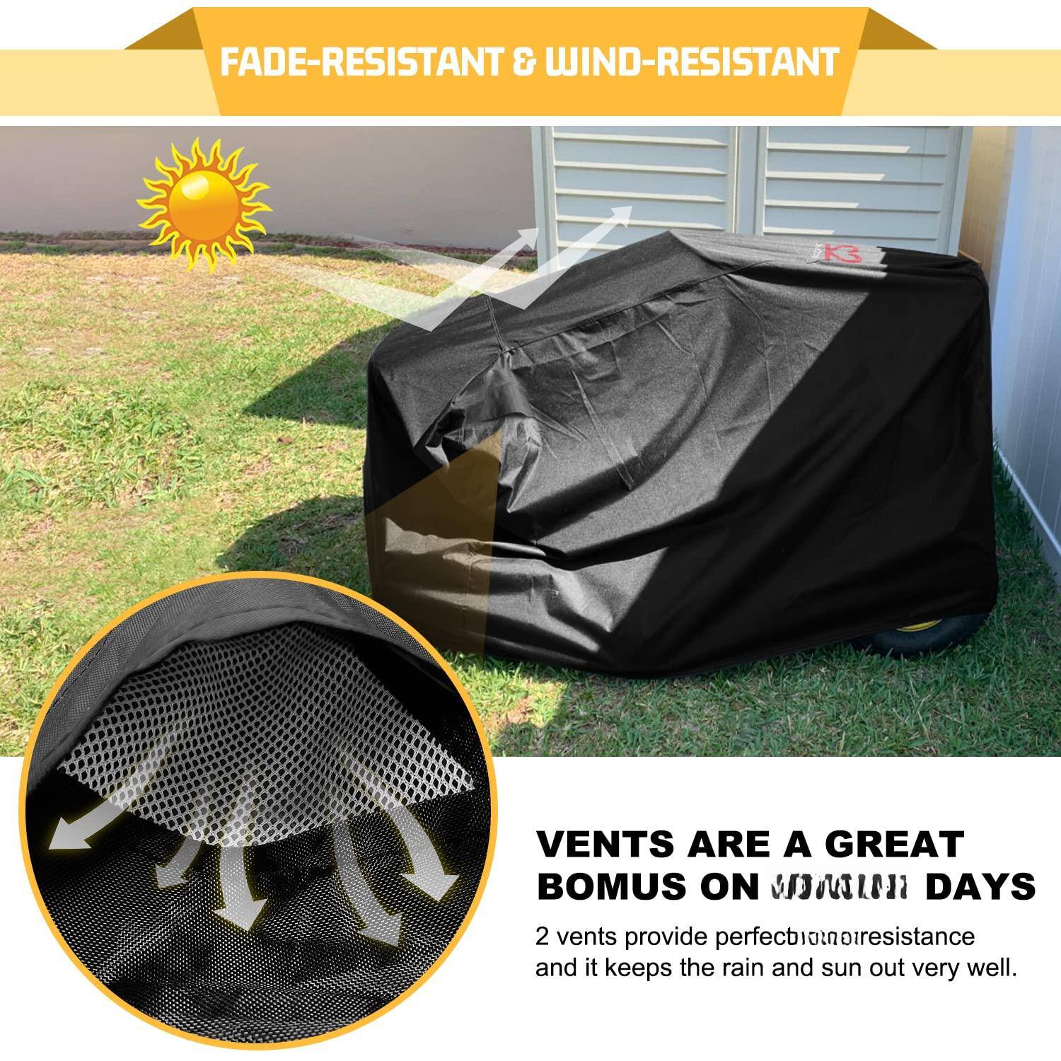 FADE-RESISTANT & WIND-RESISTANT

VENTS ARE A GREAT BONUS ON WARM DAYS

2 vents provide perfect ventilation and it keeps the rain and sun out very well.