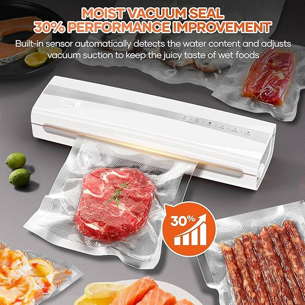 MOIST VACUUM SEAL  
30% PERFORMANCE IMPROVEMENT  

Built-in sensor automatically detects the water content and adjusts vacuum suction to keep the juicy taste of wet foods