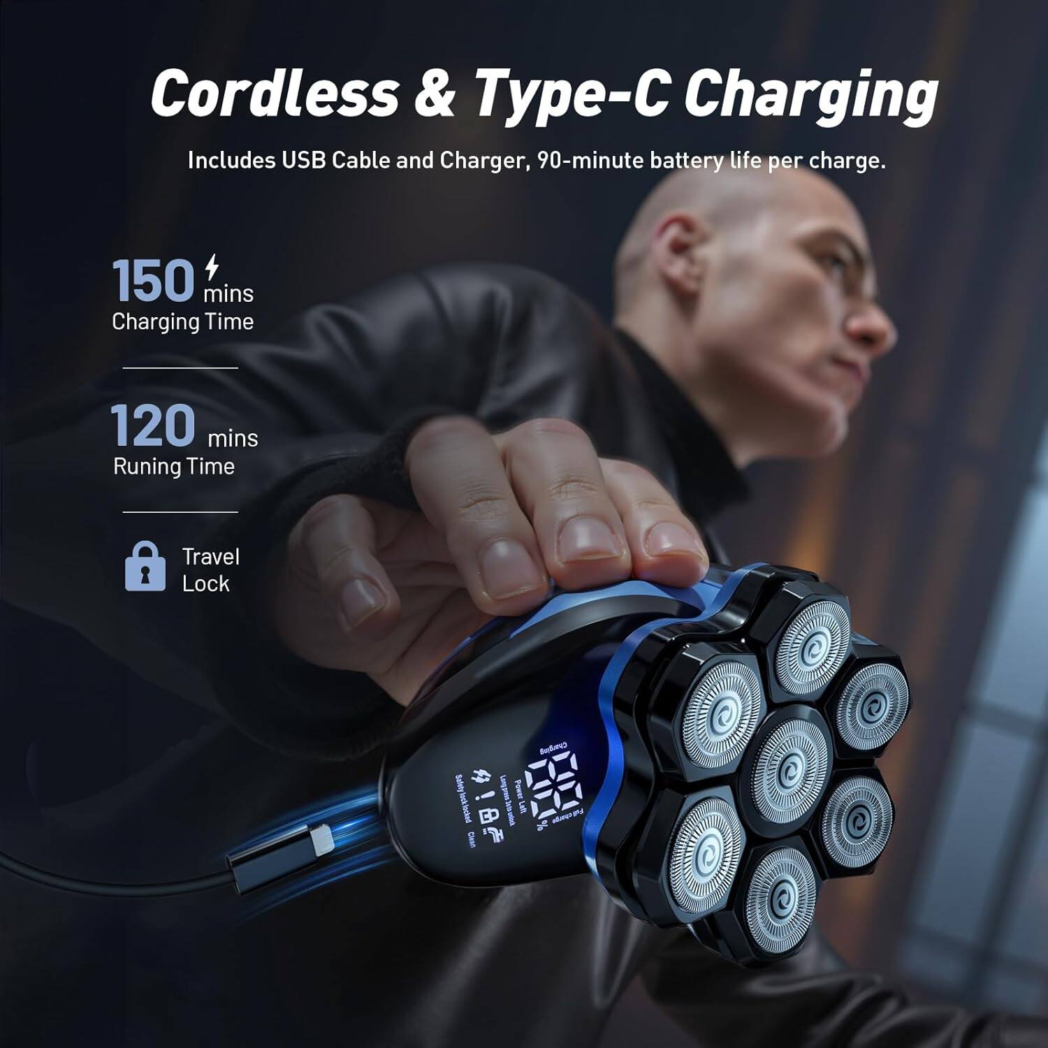 Cordless & Type-C Charging  
Includes USB Cable and Charger, 90-minute battery life per charge.  
150 mins Charging Time  
120 mins Running Time  
Travel Lock