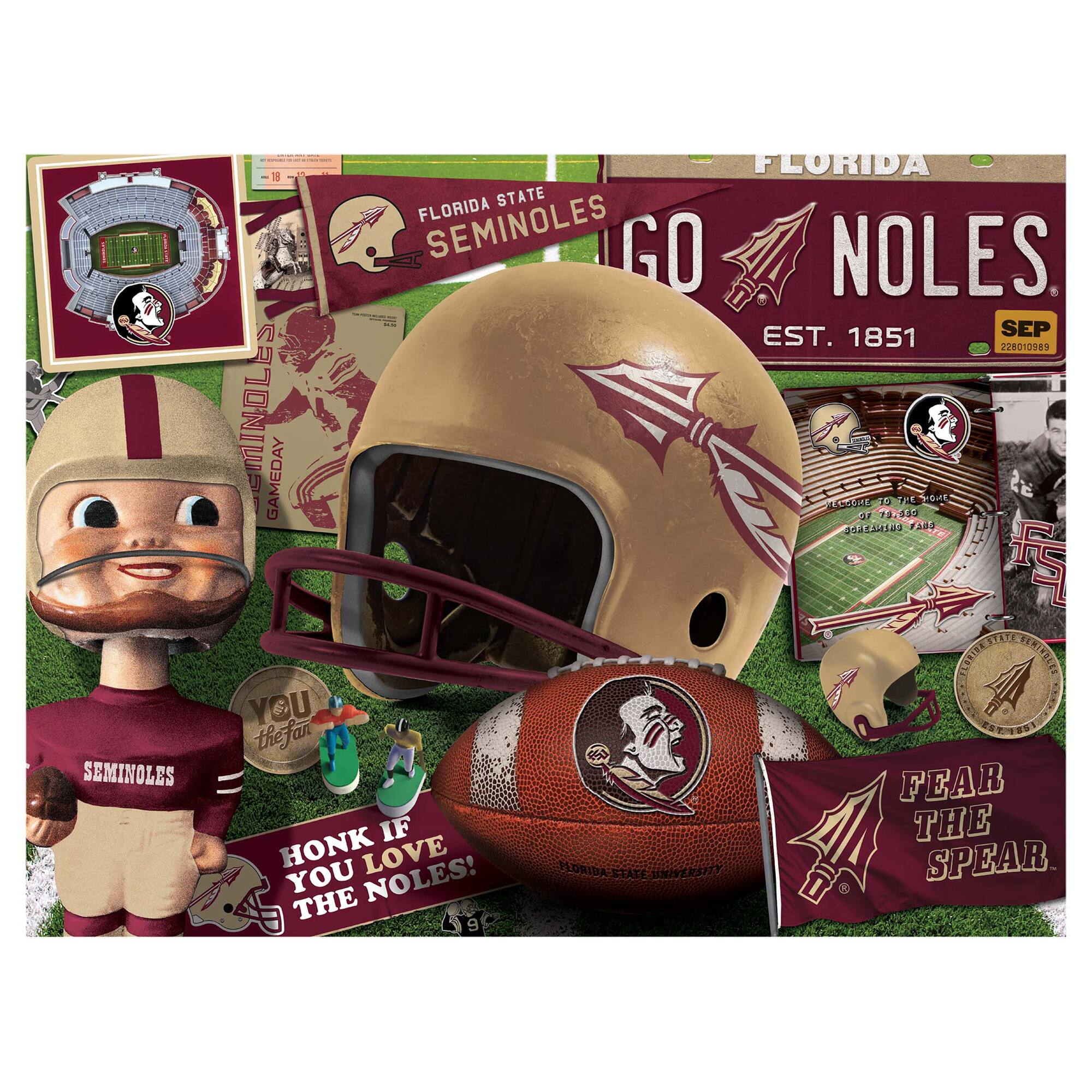 FLORIDA STATE SEMINOLES  
GO NOLES  
EST. 1851  

SEP 228010989  

GAMEDAY  

YOU THE FAN  

HONK IF YOU LOVE THE NOLES!  

FEAR THE SPEAR  

WELCOME TO THE NOLES  
SEP 19, 1988  
363610197 7488  

FLORIDA STATE UNIVERSITY