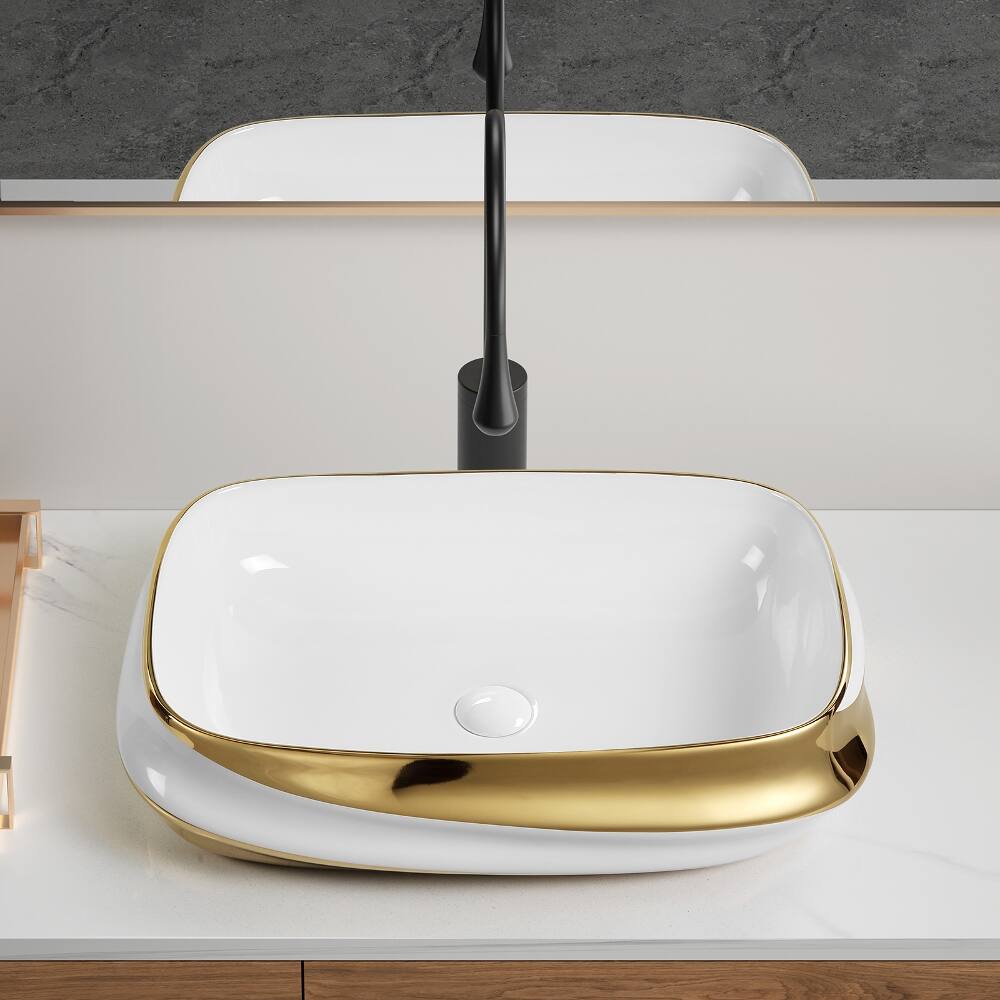 Angle. Loheer - Loheer 24x17 bathroom vessel sink Above Counter Ceramic Washbasin White with Gold Rim - Gold+White,Milk White.