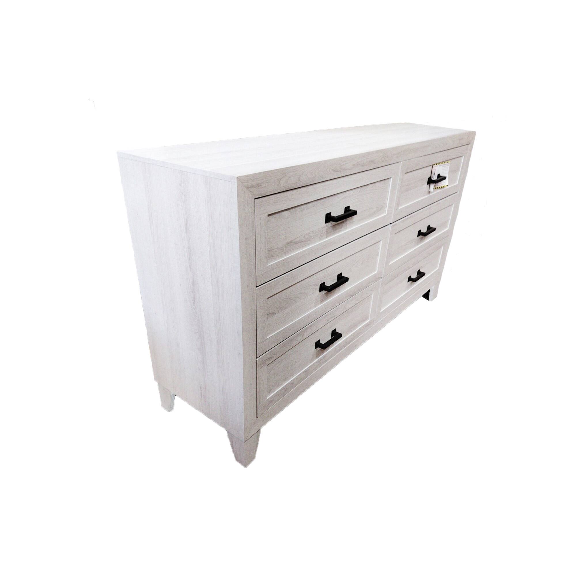 Back. Vaczon - 6-Drawer Dresser for Bedroom, Wooden Storage Chest with Metal Handles, Smooth Glide Drawers for Living Room, Entryway - White Wash.