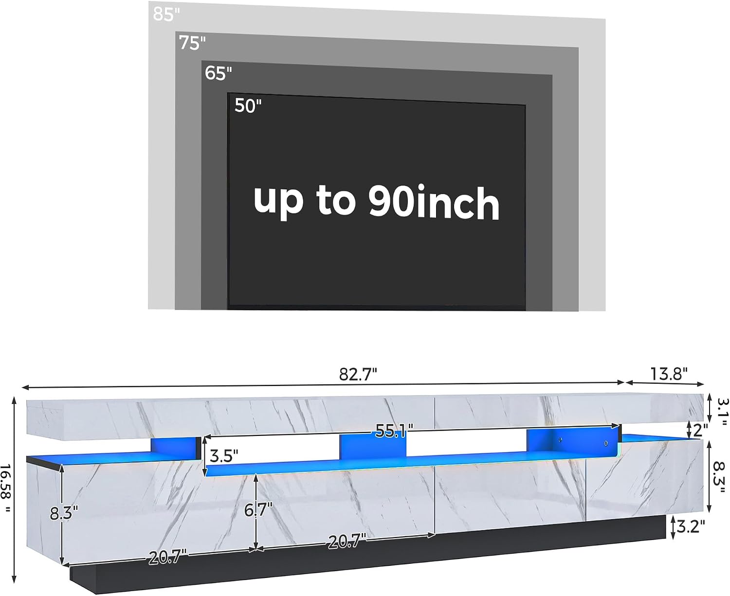 85"  
75"  
65"  
50"  
up to 90inch  
82.7"  
13.8"  
16.58"  
8.3"  
20.7"  
3.5"  
6.7"  
55.1"  
20.7"  
3.1"  
2"  
8.3"  
3.2"