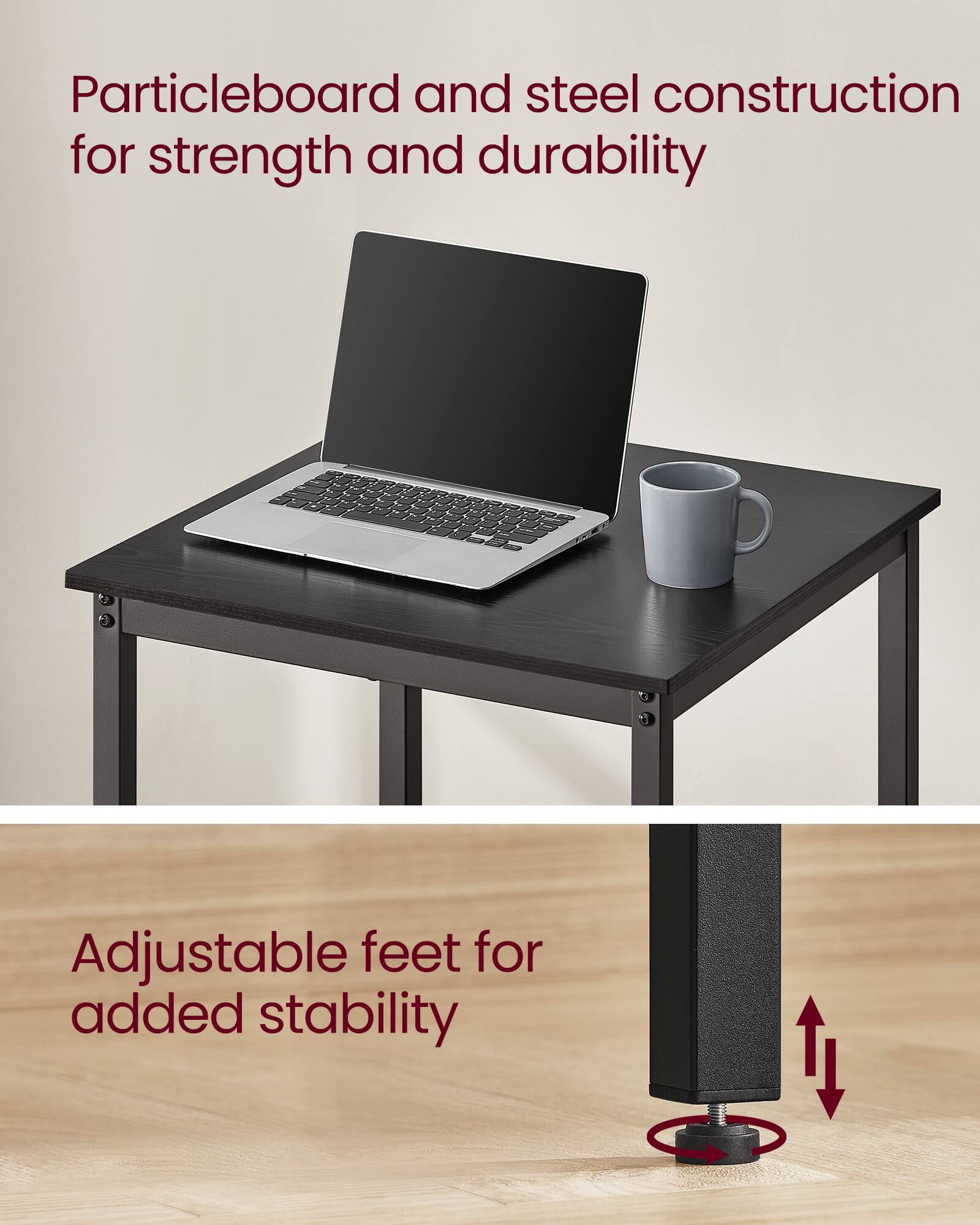 Particleboard and steel construction for strength and durability

Adjustable feet for added stability